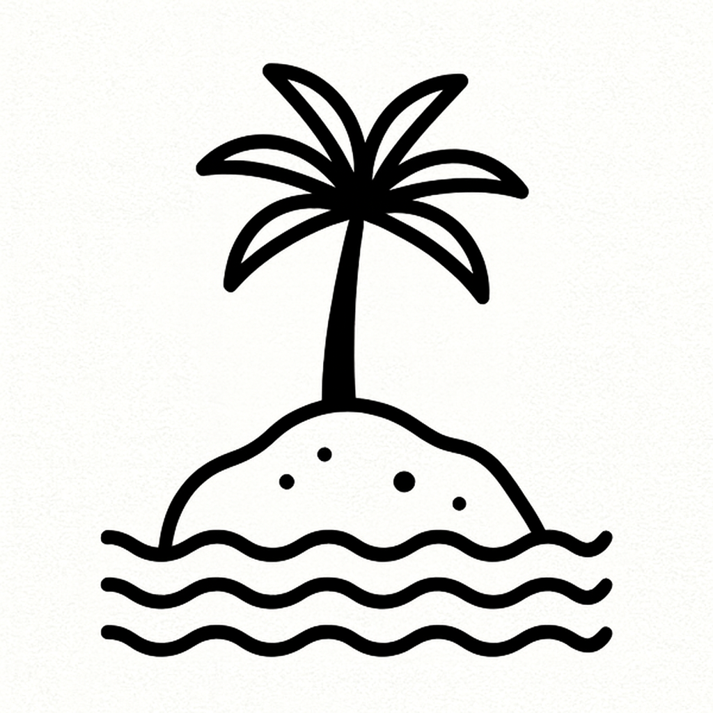 Minimalist black-line illustration of a small island with a single palm tree, drawn in the same bold outline style as a stylised portrait icon.