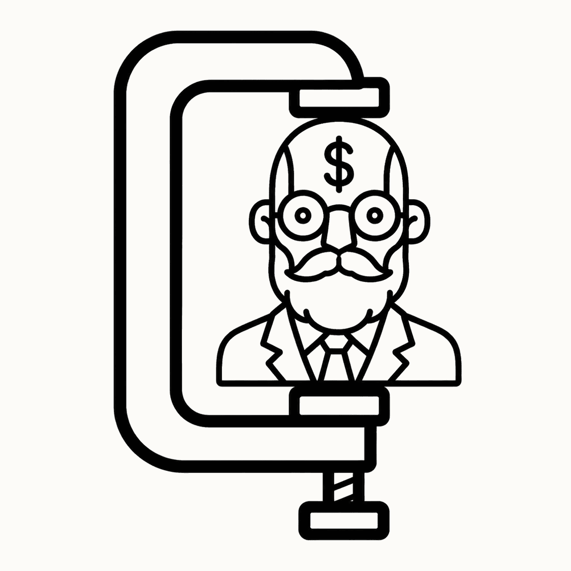 Illustration of a financial expert with glasses and a dollar sign on his head, framed by a magnifyin.